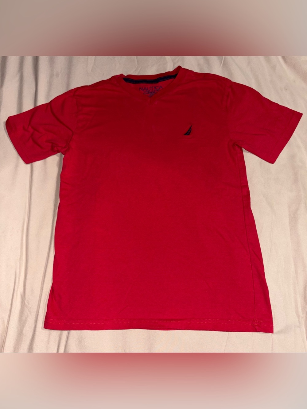 Nautica Boys Red V-Neck T-Shirt Embroidered Logo Size Large (14/16)